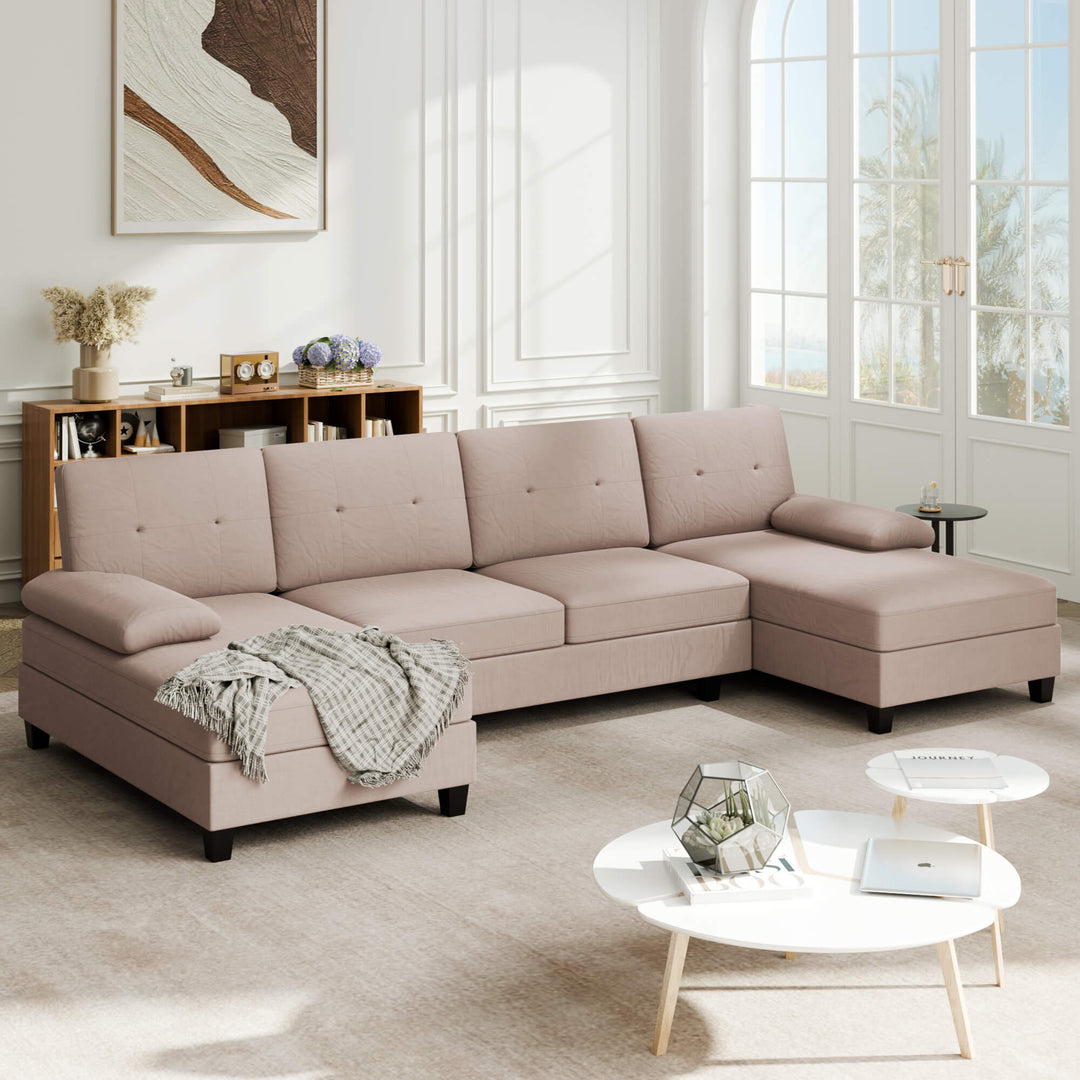 106" U-Shaped 4-Seat Modern Sectional Sofa with Double Chaises – Linen Upholstery