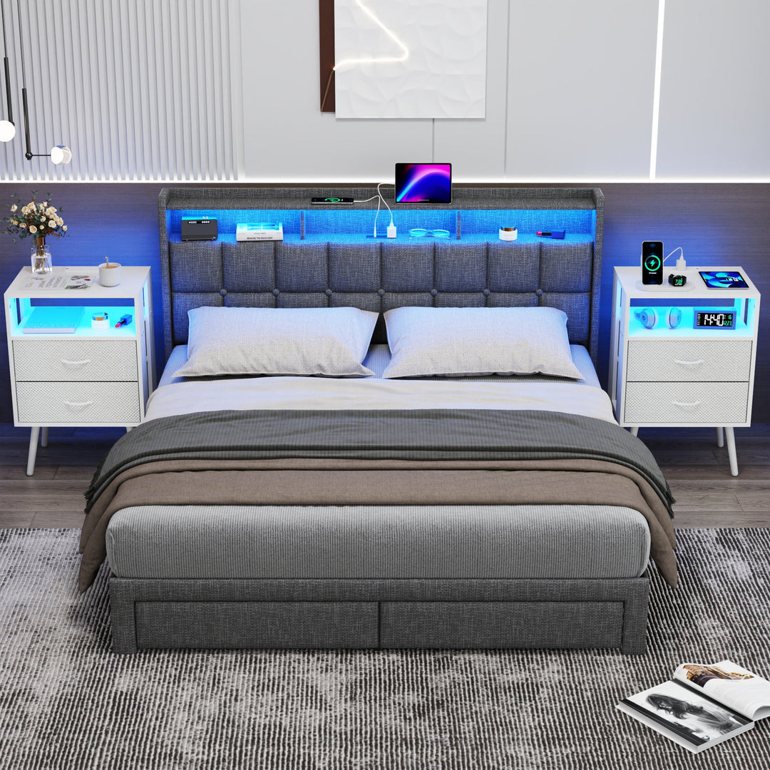 2-Pack White Modern Nightstands with Charging Station, LED Lights