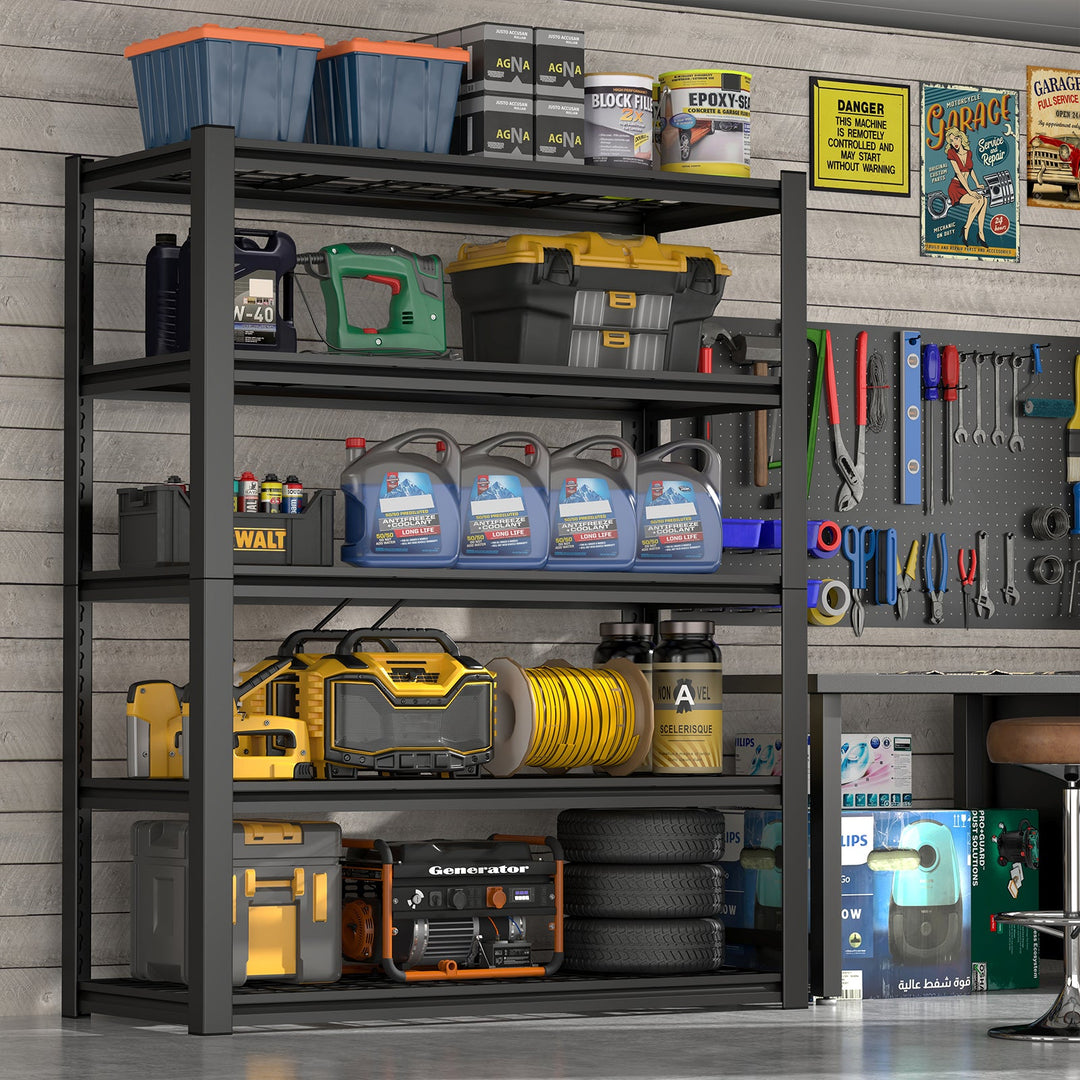 47" Black Metal 5-Tier Adjustable Storage Rack, Heavy-Duty