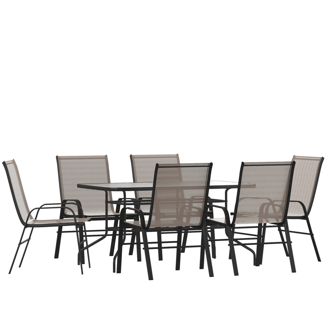 Brazos 7-Piece Outdoor Patio Dining Set – Rippled Glass Table with 6 Stackable Sling Chairs, Brown