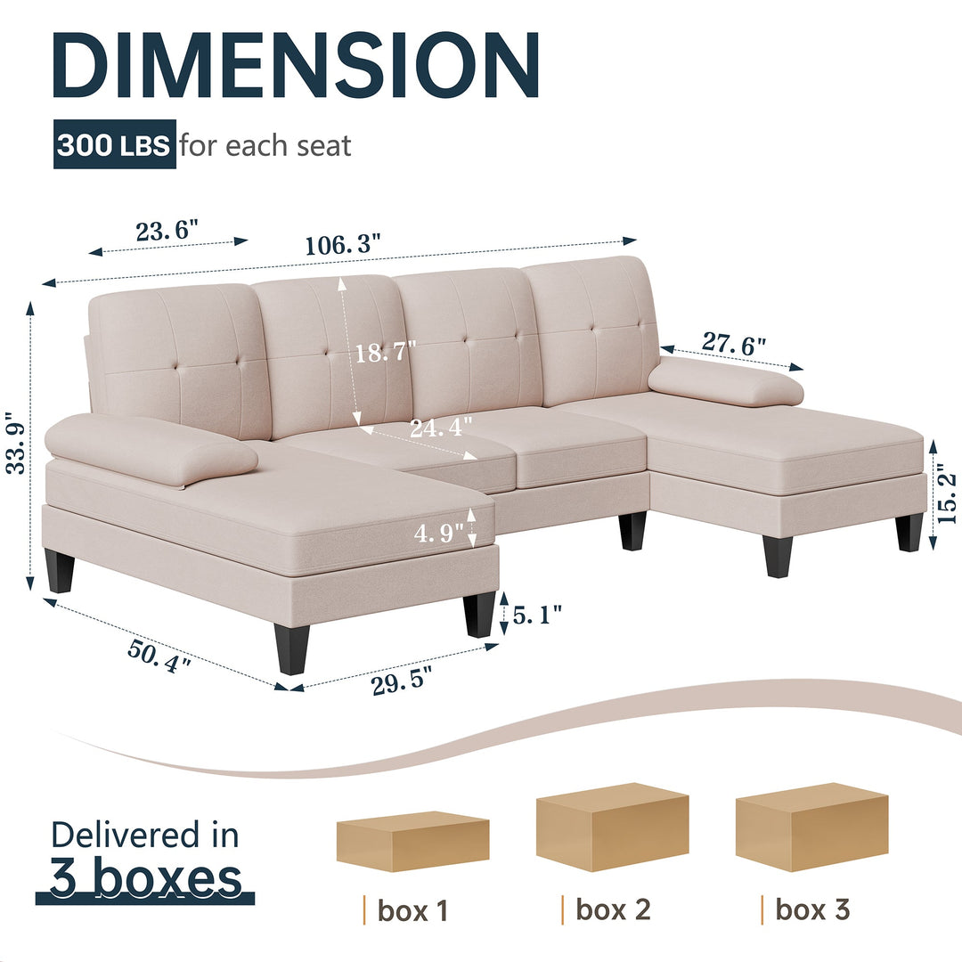 106" U-Shaped 4-Seat Modern Sectional Sofa with Double Chaises – Linen Upholstery