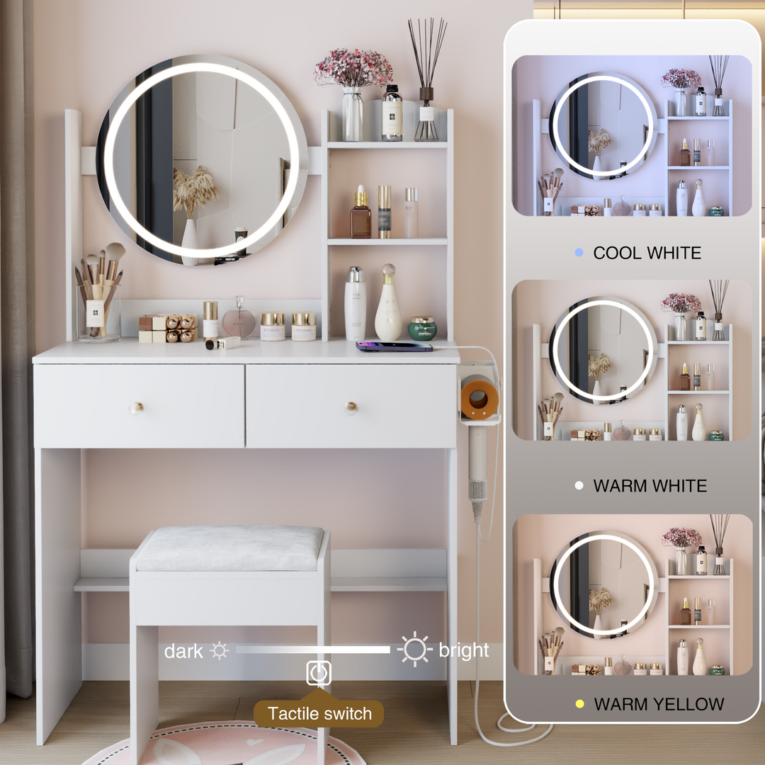 17" Round LED Mirror Vanity Table with Stool & Storage