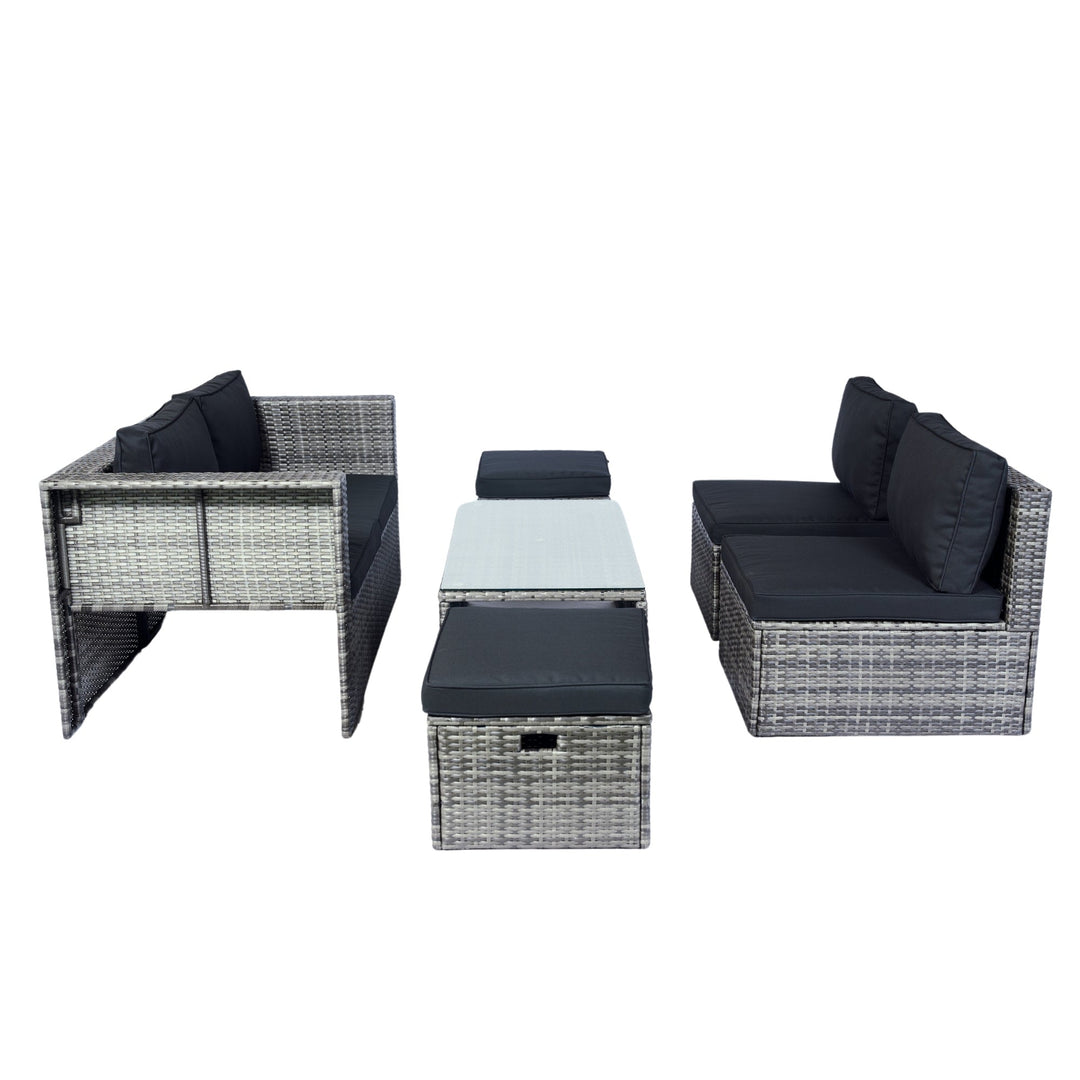6-Piece Grey Wicker Patio Sectional Set with Black Cushions