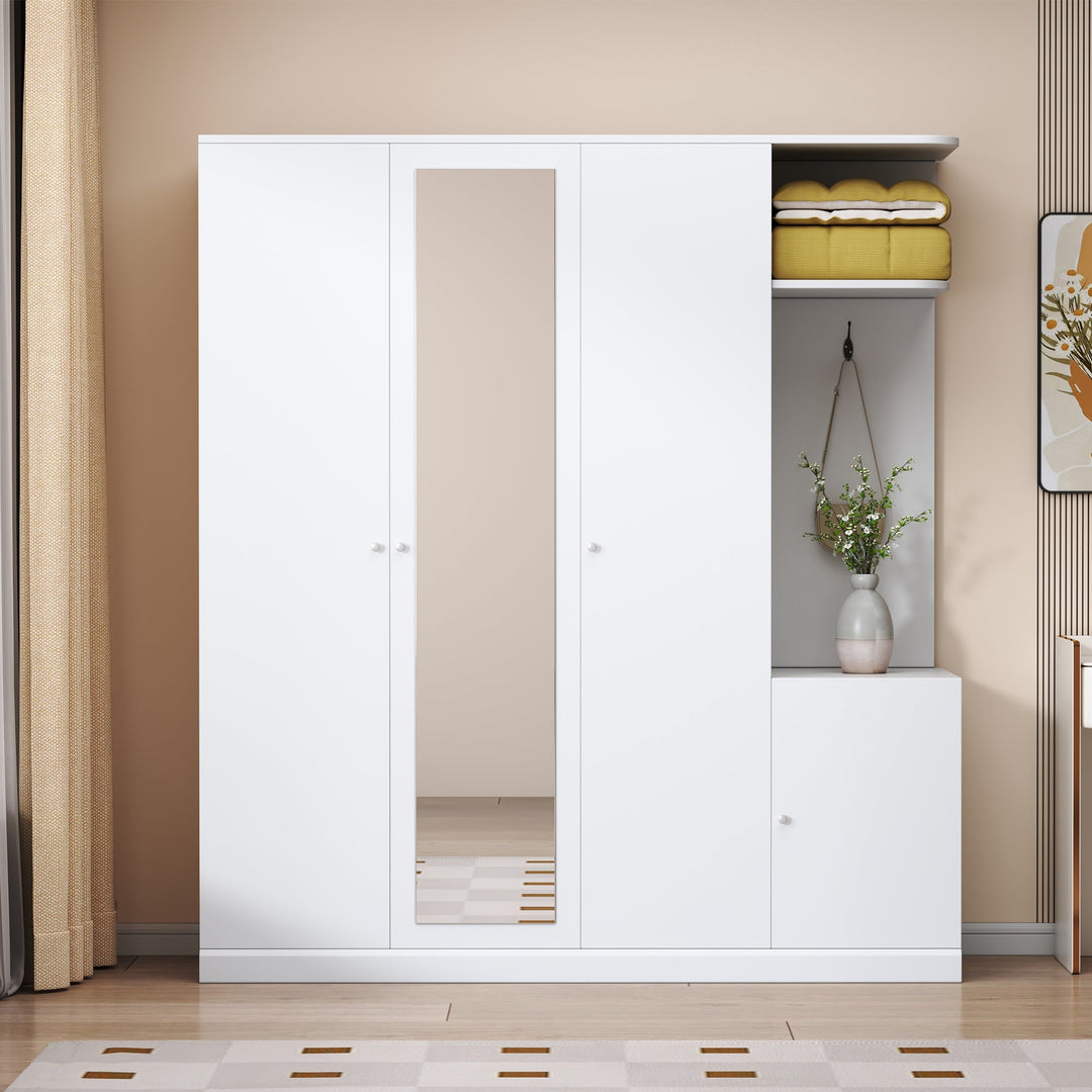 4-Door White Wardrobe with Mirror, Shelves, Drawer, Shoe Storage