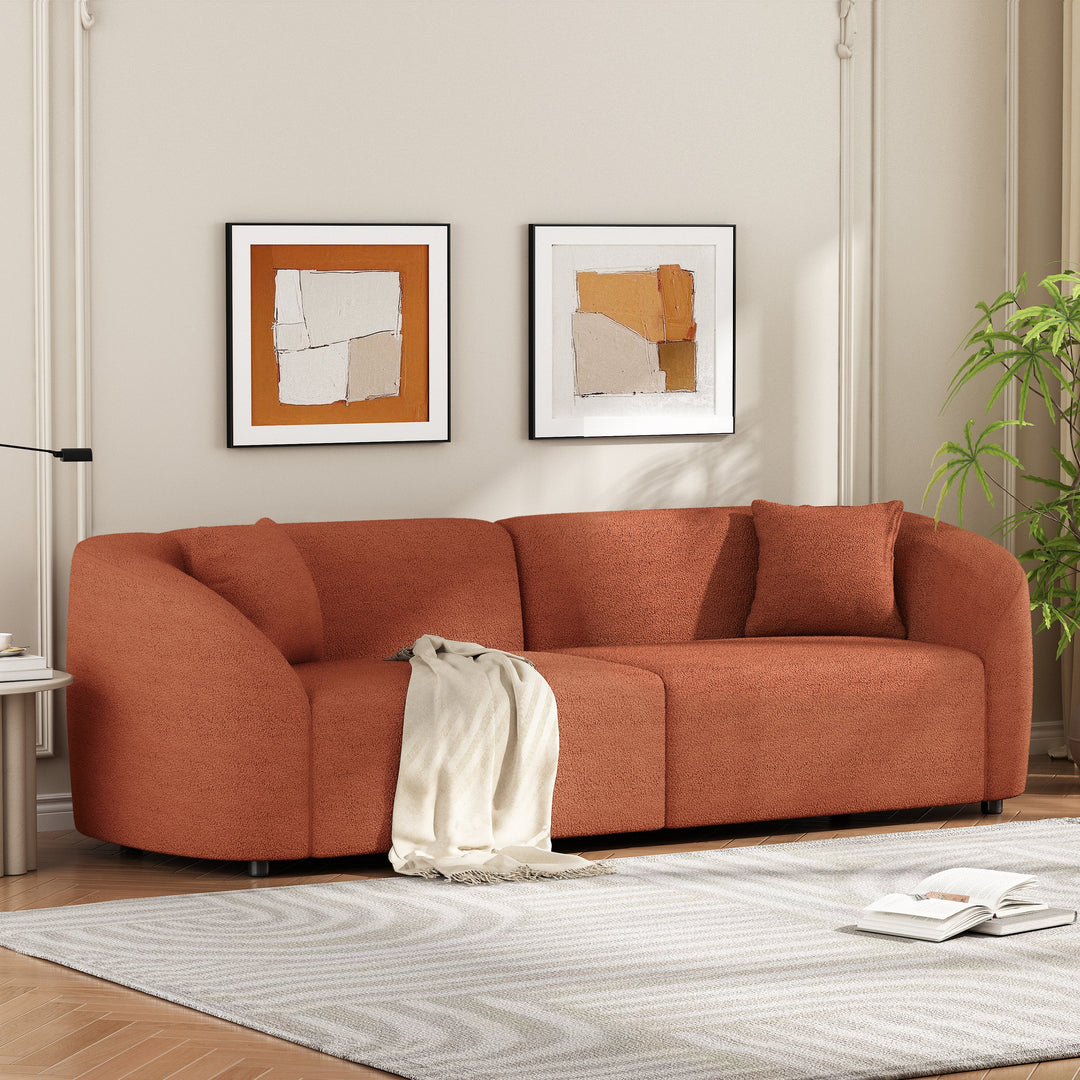 87" Orange Curved Bouclé Sofa, Modern 3-Seater