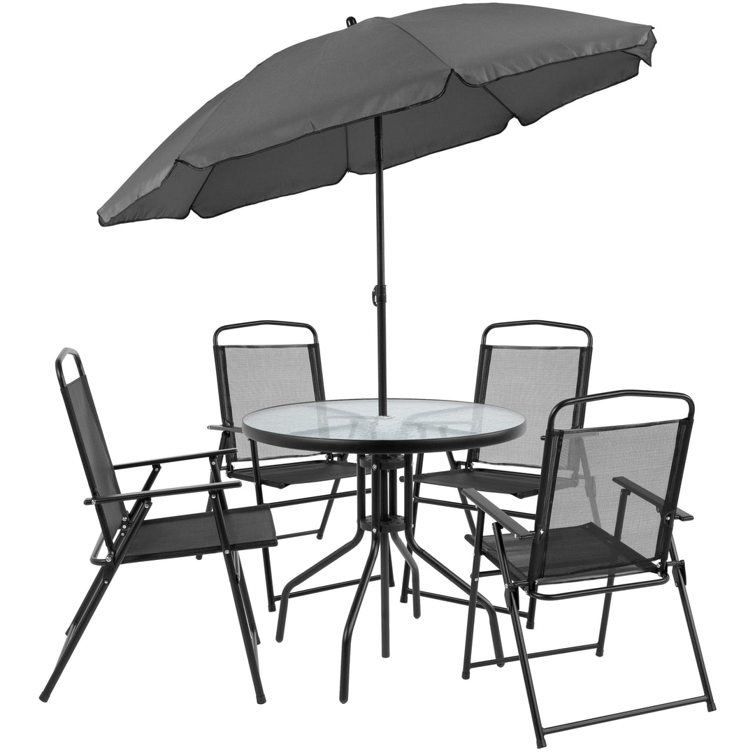 Sierra 6-Piece Black Patio Dining Set with Folding Chairs & Umbrella – Portable Outdoor Garden Table Set