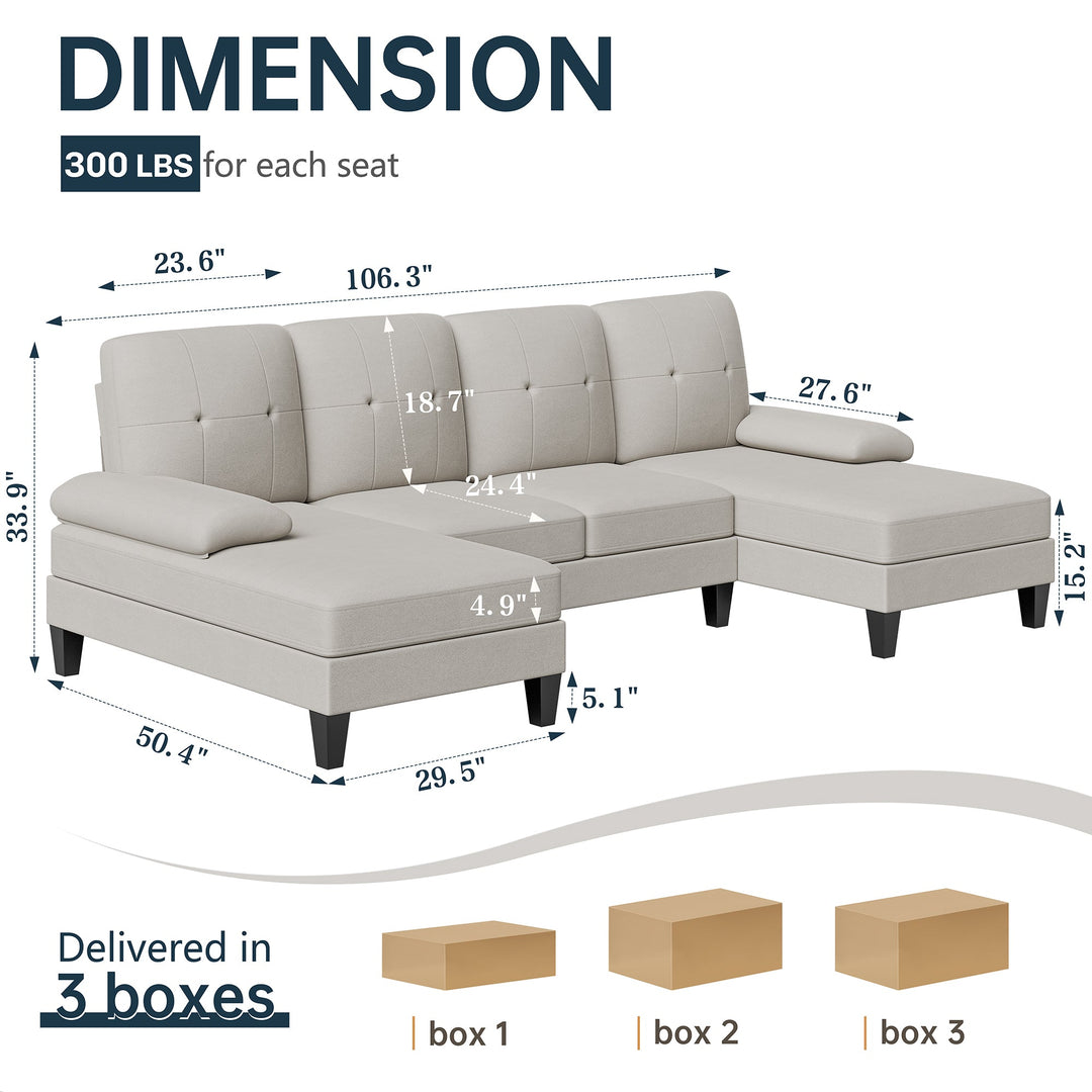 106" U-Shaped 4-Seat Modern Sectional Sofa with Double Chaises – Linen Upholstery