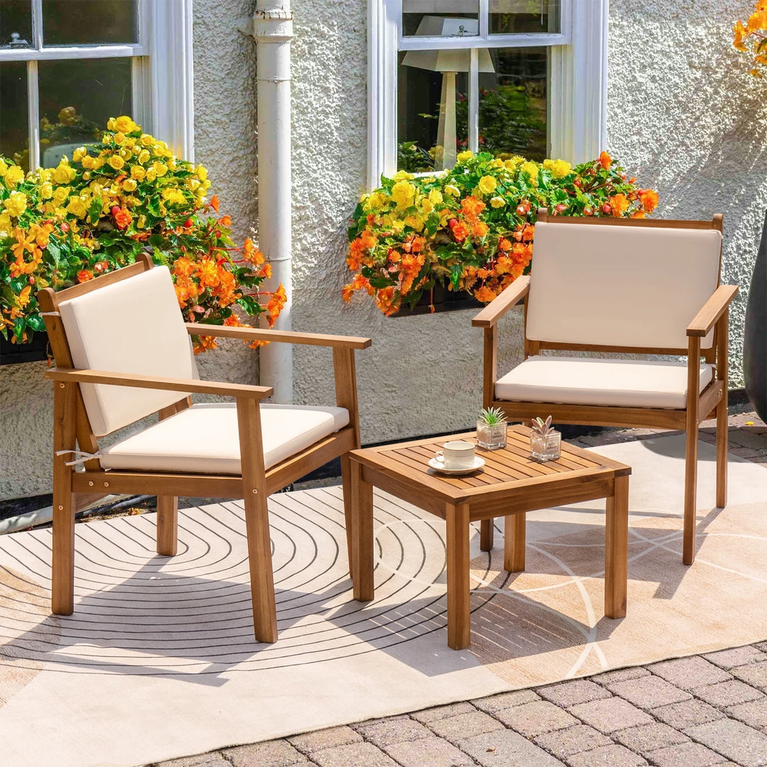 3-Piece Acacia Wood Patio Conversation Set | Beige Cushions & Side Table
