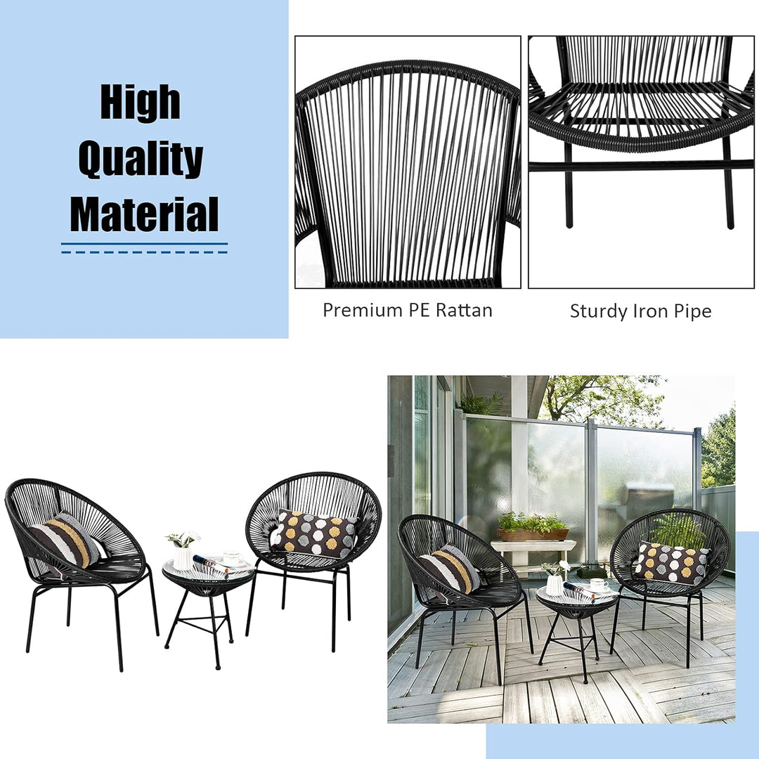 Acapulco 3-Piece Modern Patio Bistro Set – All-Weather Woven Rope Chairs & Tempered Glass Table (Black)