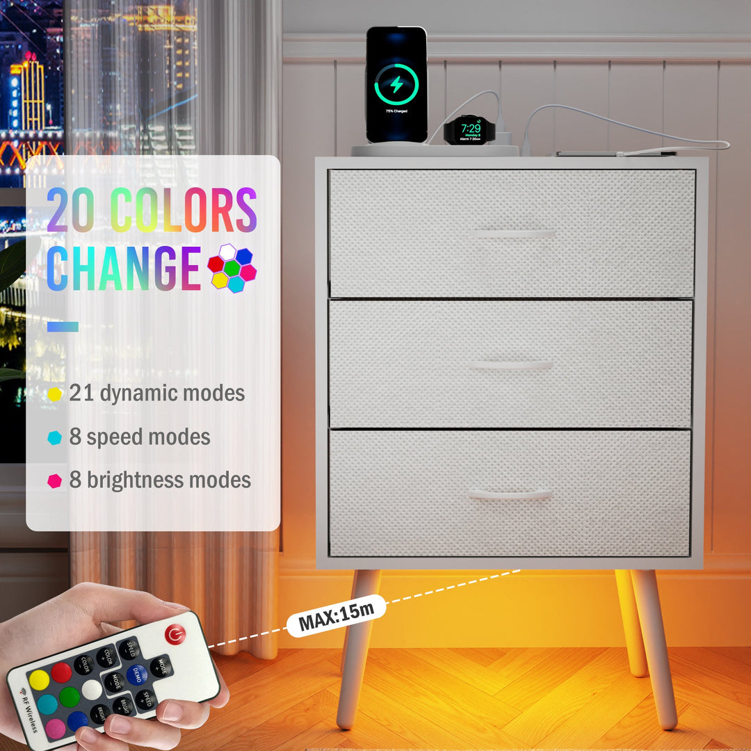 2-Pack Modern White Nightstands with Charging Station, LED Lights, Fabric Drawers