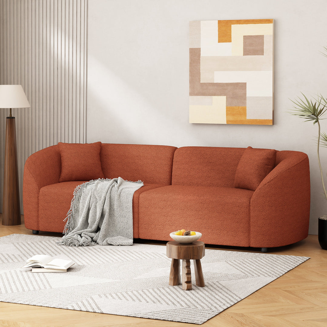 87" Orange Curved Bouclé Sofa, Modern 3-Seater