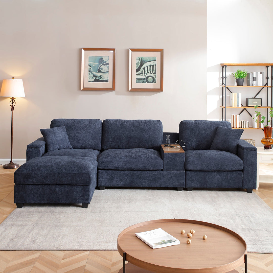120.3" Dark Blue L-Shaped Sectional Sofa with Table, USB, Ottoman