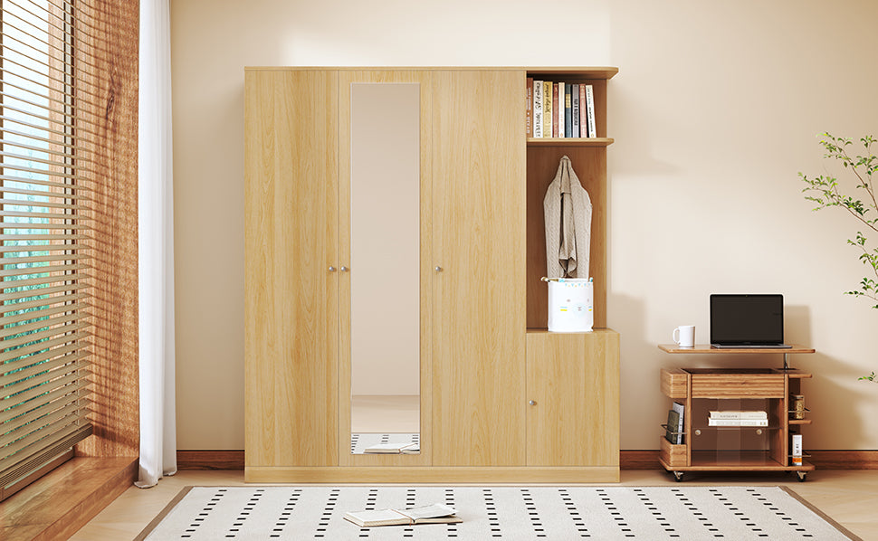 4-Door Natural Wood Wardrobe with Mirror, Shelves, Drawer