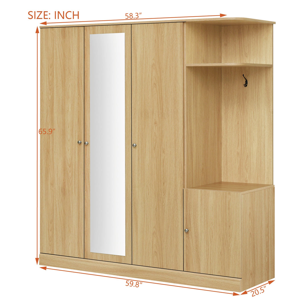 4-Door Natural Wood Wardrobe with Mirror, Shelves, Drawer