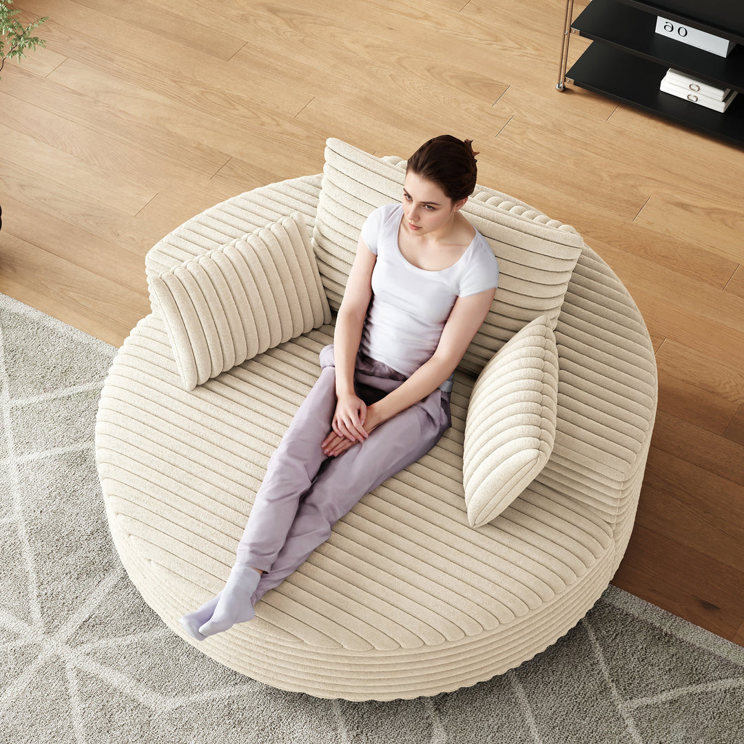 55" Beige Corduroy Swivel Chair with Neck Pillow