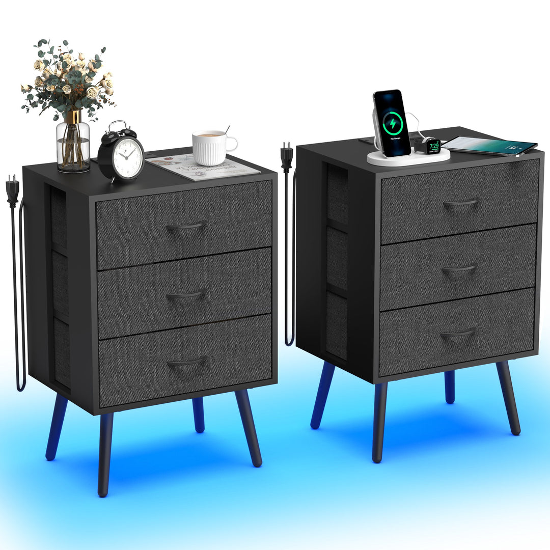 2-Pack Modern Black Nightstands with Charging Station, LED Lights, Fabric Drawers