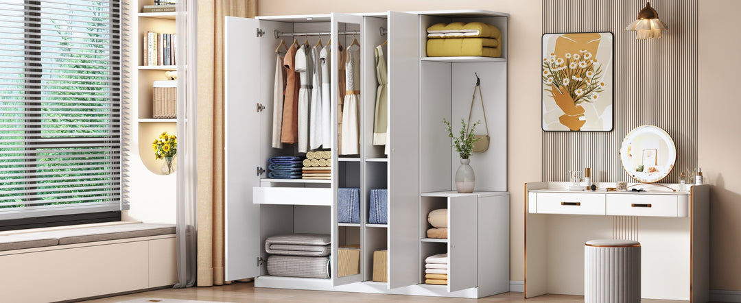 4-Door White Wardrobe with Mirror, Shelves, Drawer, Shoe Storage