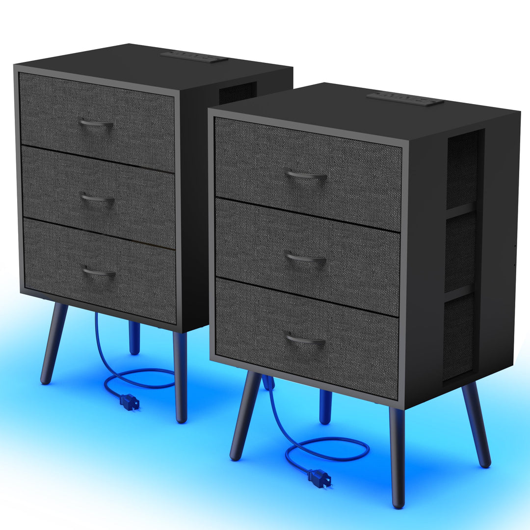 2-Pack Modern Black Nightstands with Charging Station, LED Lights, Fabric Drawers