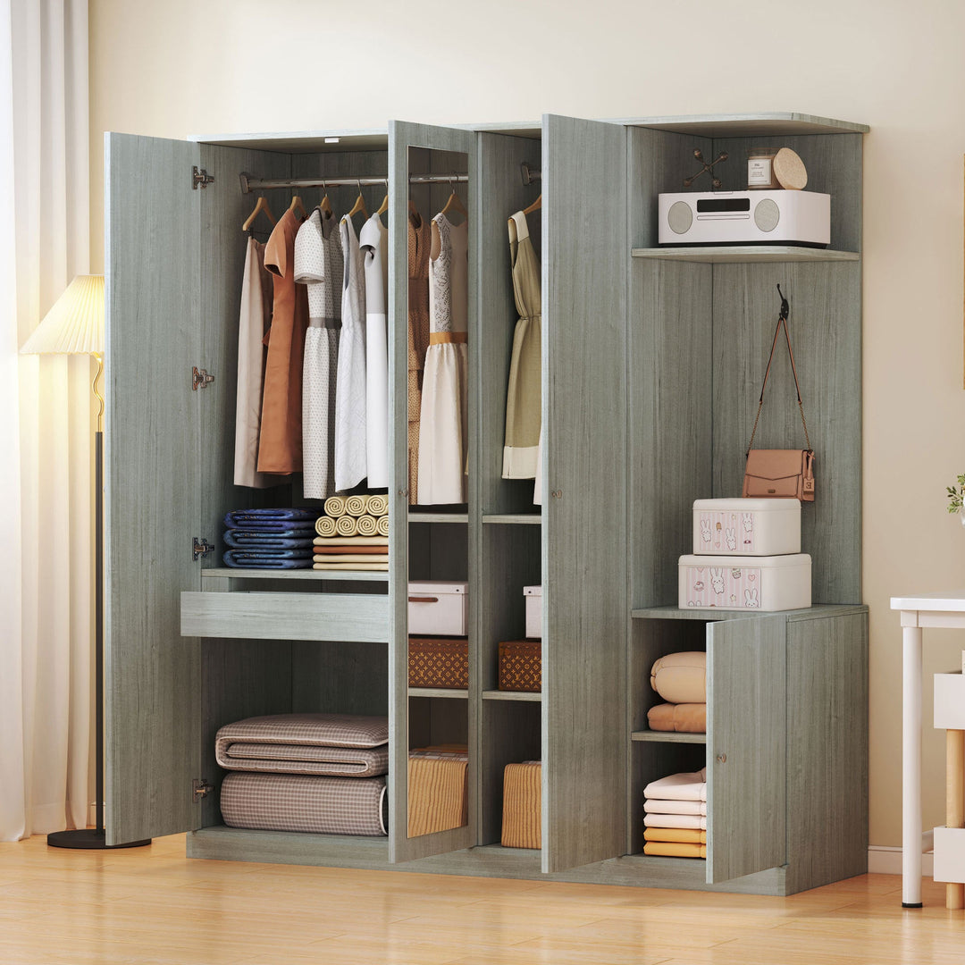 4-Door Gray Wardrobe with Mirror, Shelves, Drawer, and Shoe Storage