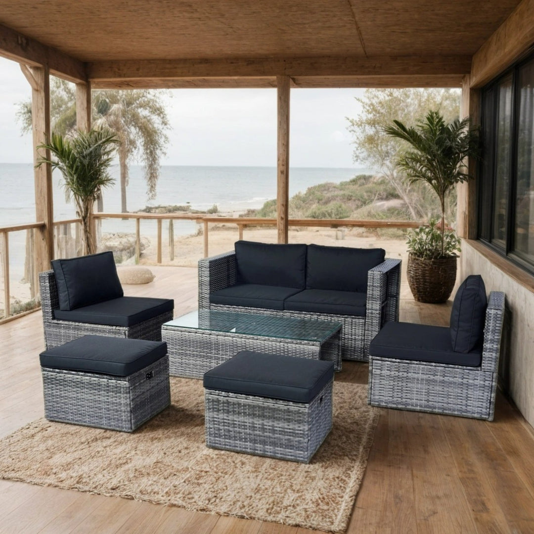 6-Piece Grey Wicker Patio Sectional Set with Black Cushions