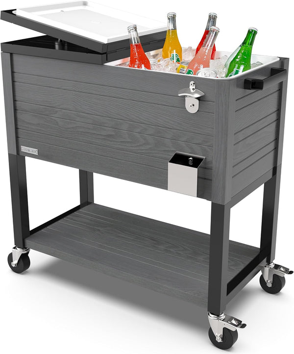 Permasteel 80-Quart Rolling Patio Cooler – Gray Wood Grain Outdoor Beverage Cart with Locking Wheels & Insulated Ice Chest