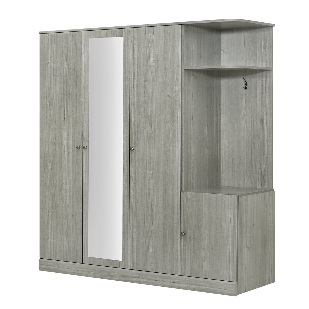 4-Door Gray Wardrobe with Mirror, Shelves, Drawer, and Shoe Storage