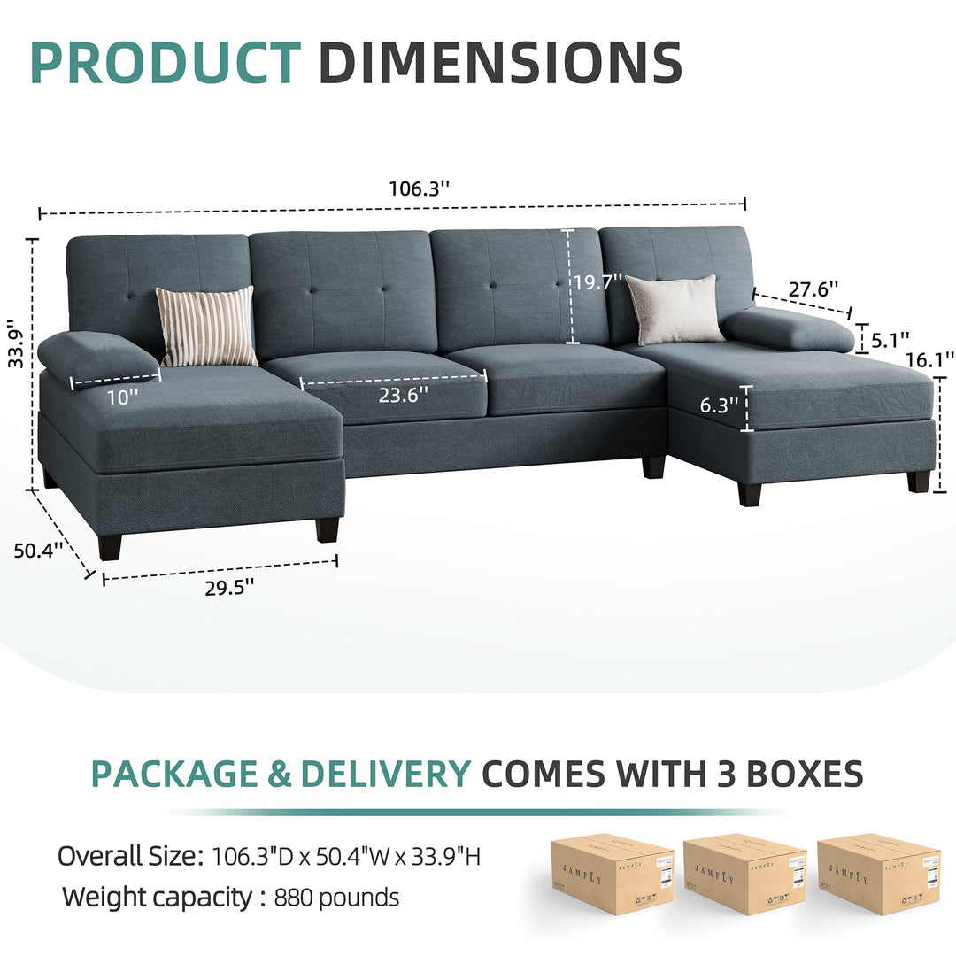 106" U-Shaped 4-Seat Modern Sectional Sofa with Double Chaises – Linen Upholstery