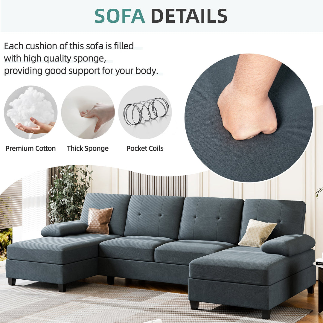 106" U-Shaped 4-Seat Modern Sectional Sofa with Double Chaises – Linen Upholstery